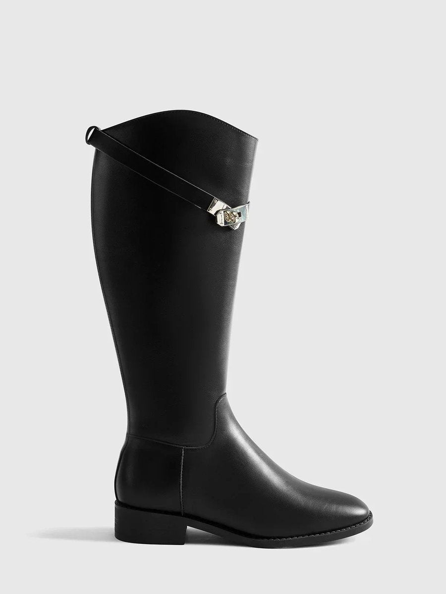 Women's Black Leather Knee-High Riding Buckle Boots