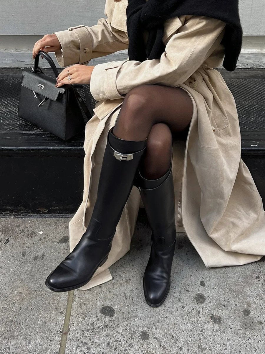 Women's Black Leather Knee-High Riding Buckle Boots