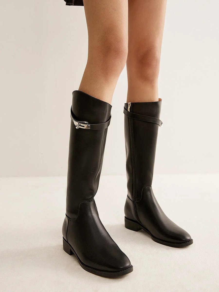 Women's Black Leather Knee-High Riding Buckle Boots