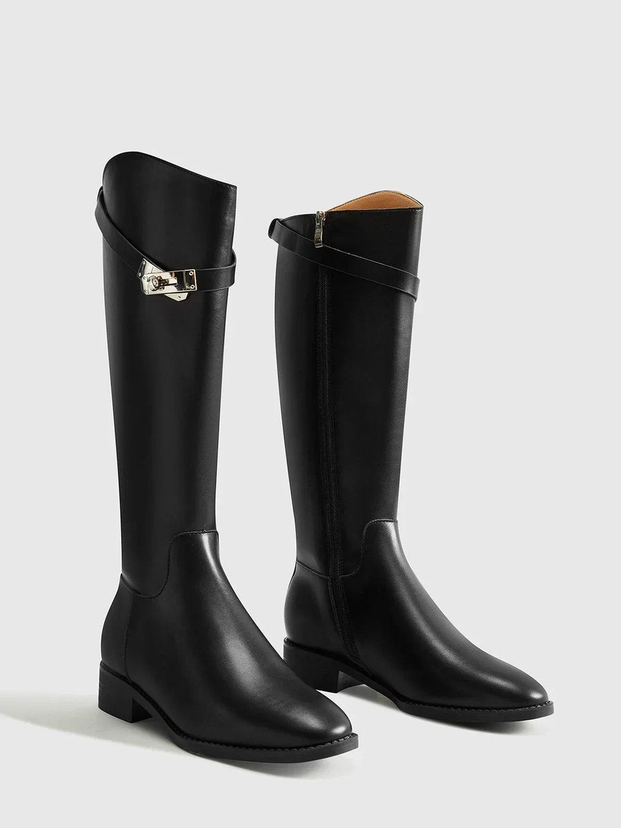 Women's Black Leather Knee-High Riding Buckle Boots