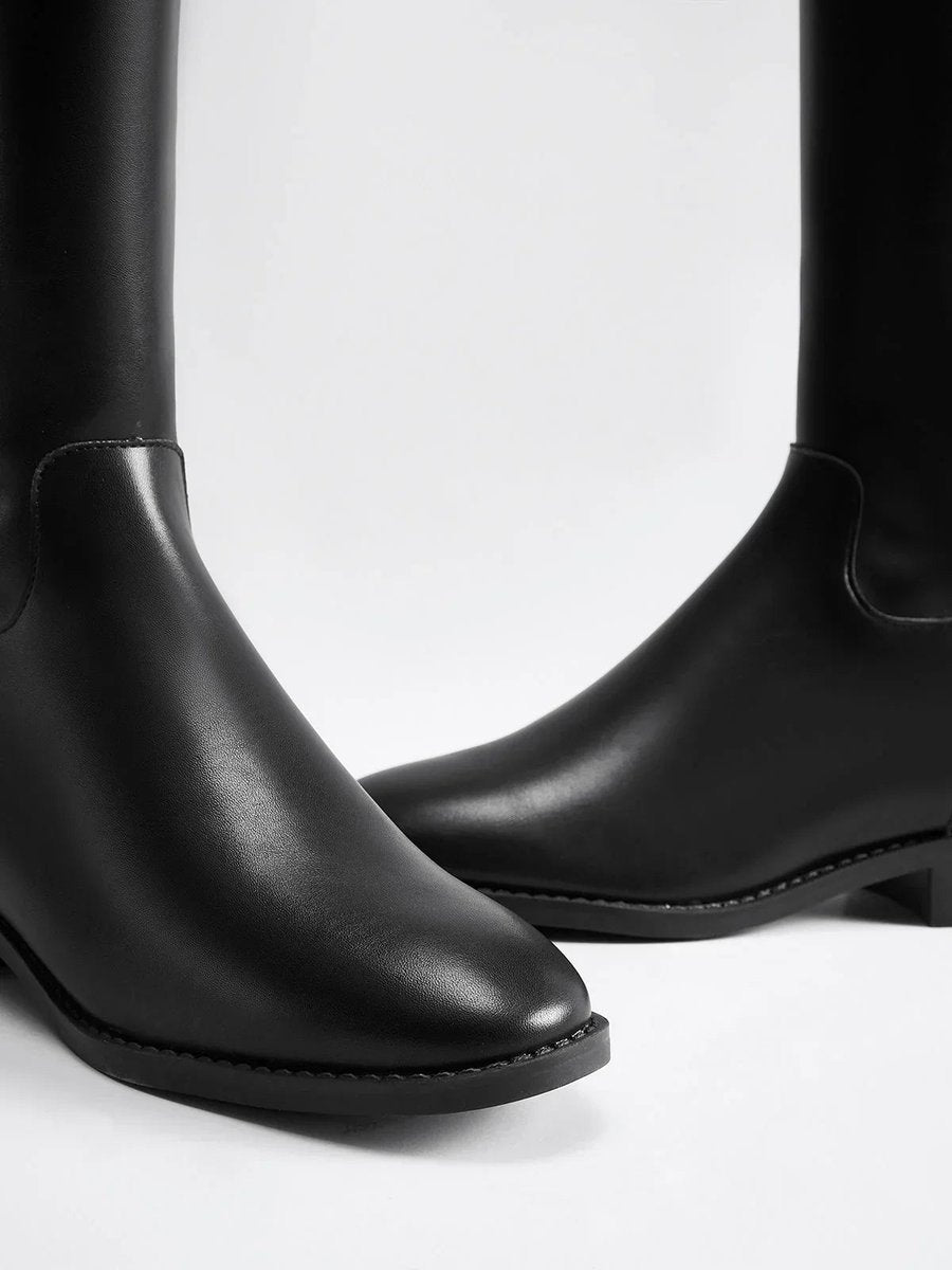 Women's Black Leather Knee-High Riding Buckle Boots