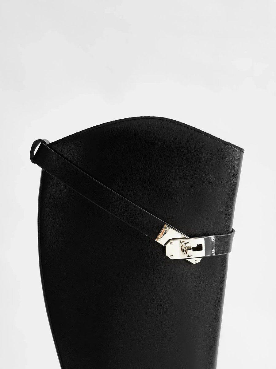 Women's Black Leather Knee-High Riding Buckle Boots