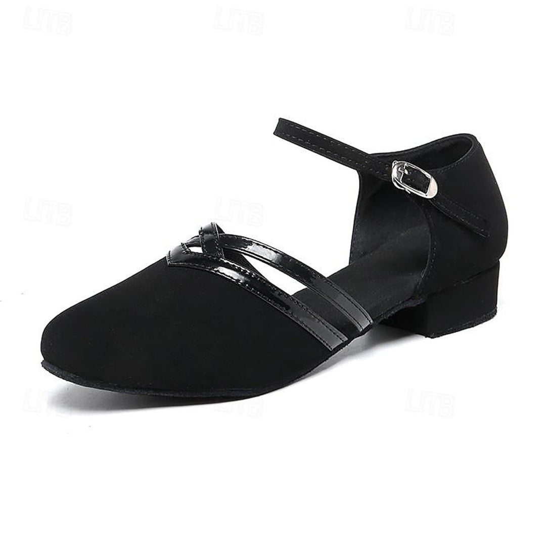 Women's Black Suede Block-Heel Ankle Boots Double-Strap Dance Shoes