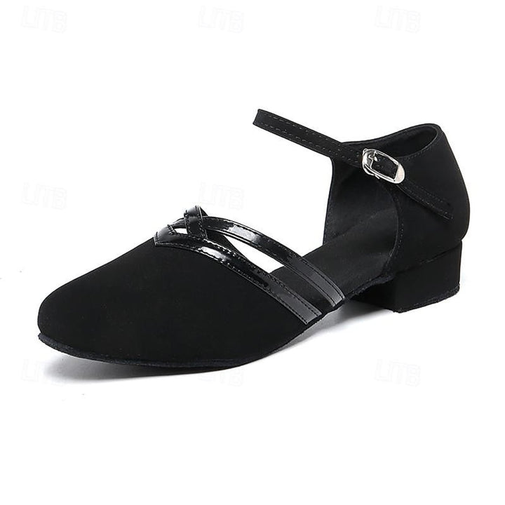 Women's Black Suede Block-Heel Ankle Boots Double-Strap Dance Shoes