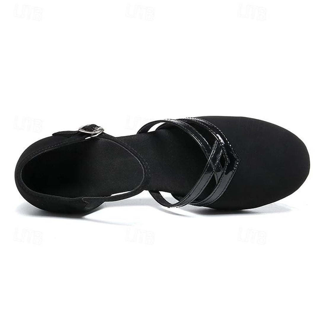Women's Black Suede Block-Heel Ankle Boots Double-Strap Dance Shoes