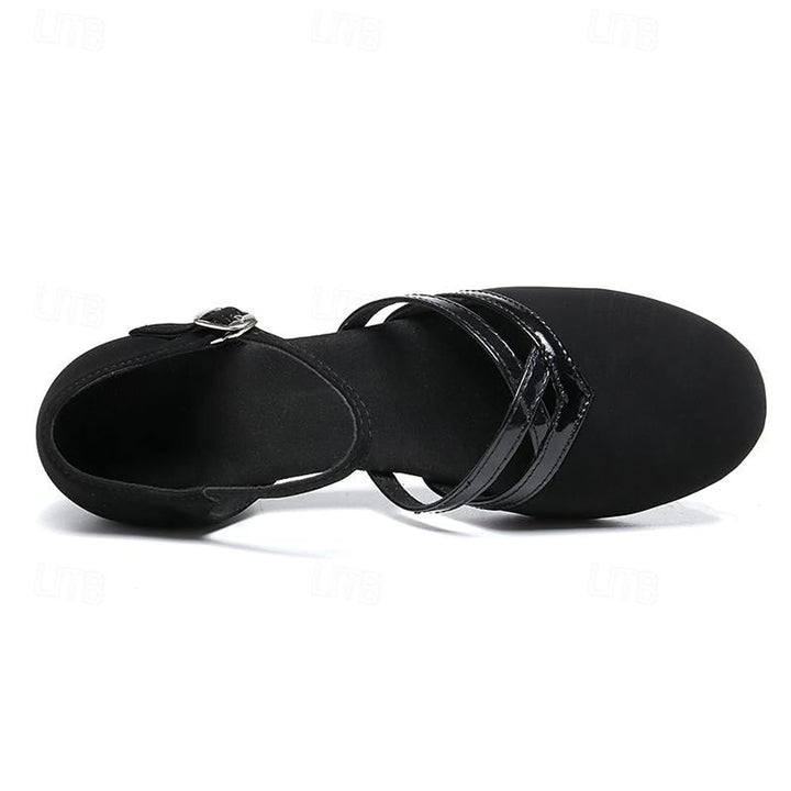 Women's Black Suede Block-Heel Ankle Boots Double-Strap Dance Shoes