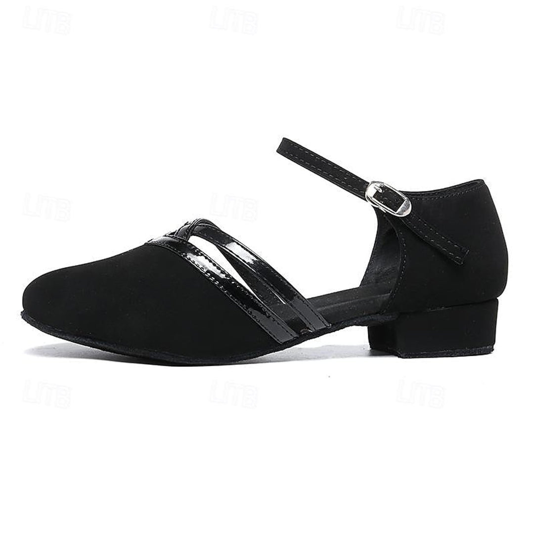 Women's Black Suede Block-Heel Ankle Boots Double-Strap Dance Shoes