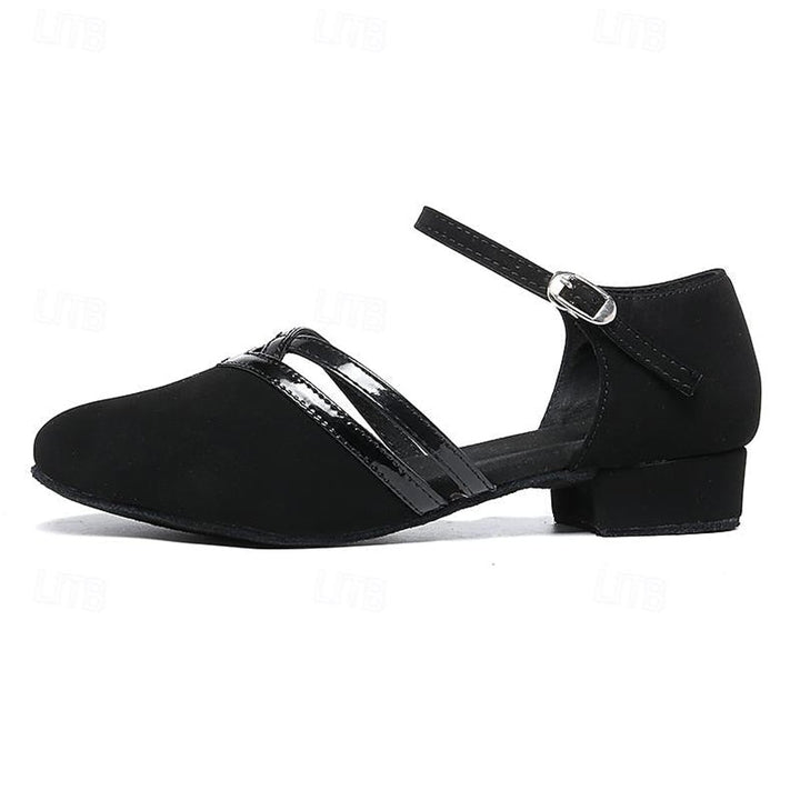 Women's Black Suede Block-Heel Ankle Boots Double-Strap Dance Shoes