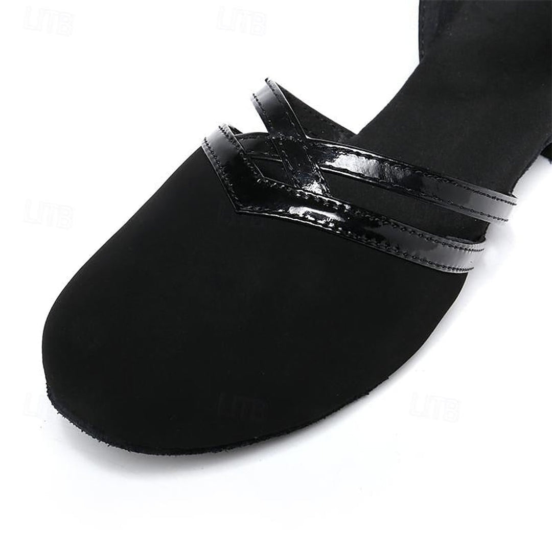 Women's Black Suede Block-Heel Ankle Boots Double-Strap Dance Shoes