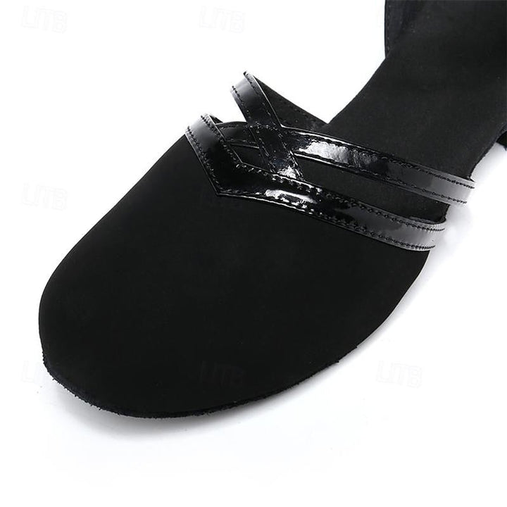 Women's Black Suede Block-Heel Ankle Boots Double-Strap Dance Shoes