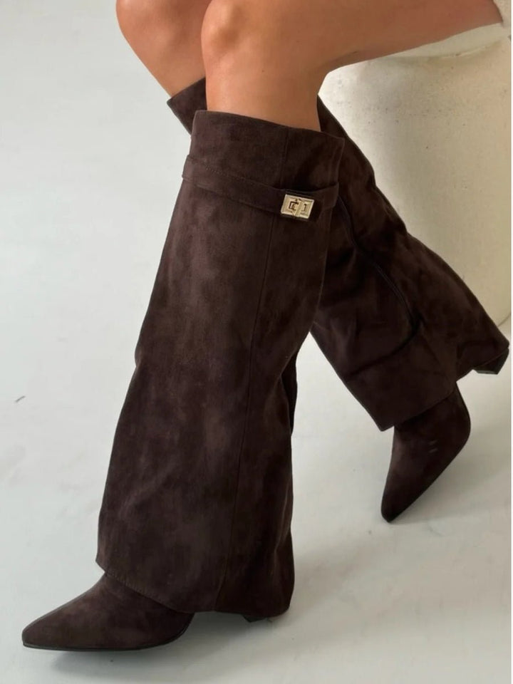 Women's Black Suede Fold-Over Knee-High Heeled Boots Gold Clasp