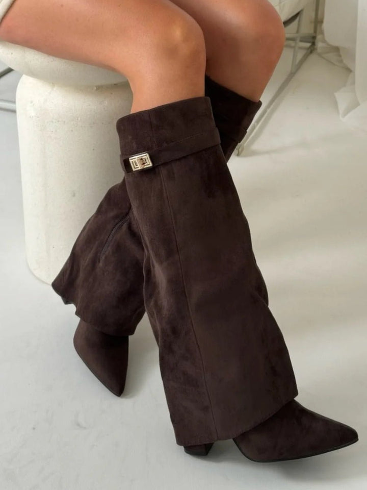 Women's Black Suede Fold-Over Knee-High Heeled Boots Gold Clasp