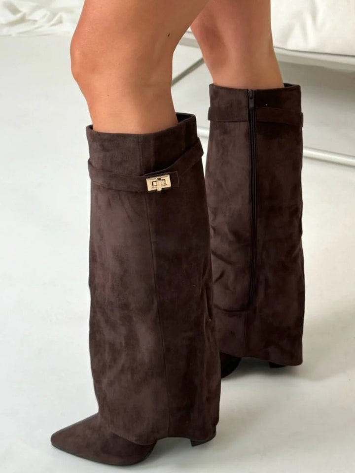 Women's Black Suede Fold-Over Knee-High Heeled Boots Gold Clasp