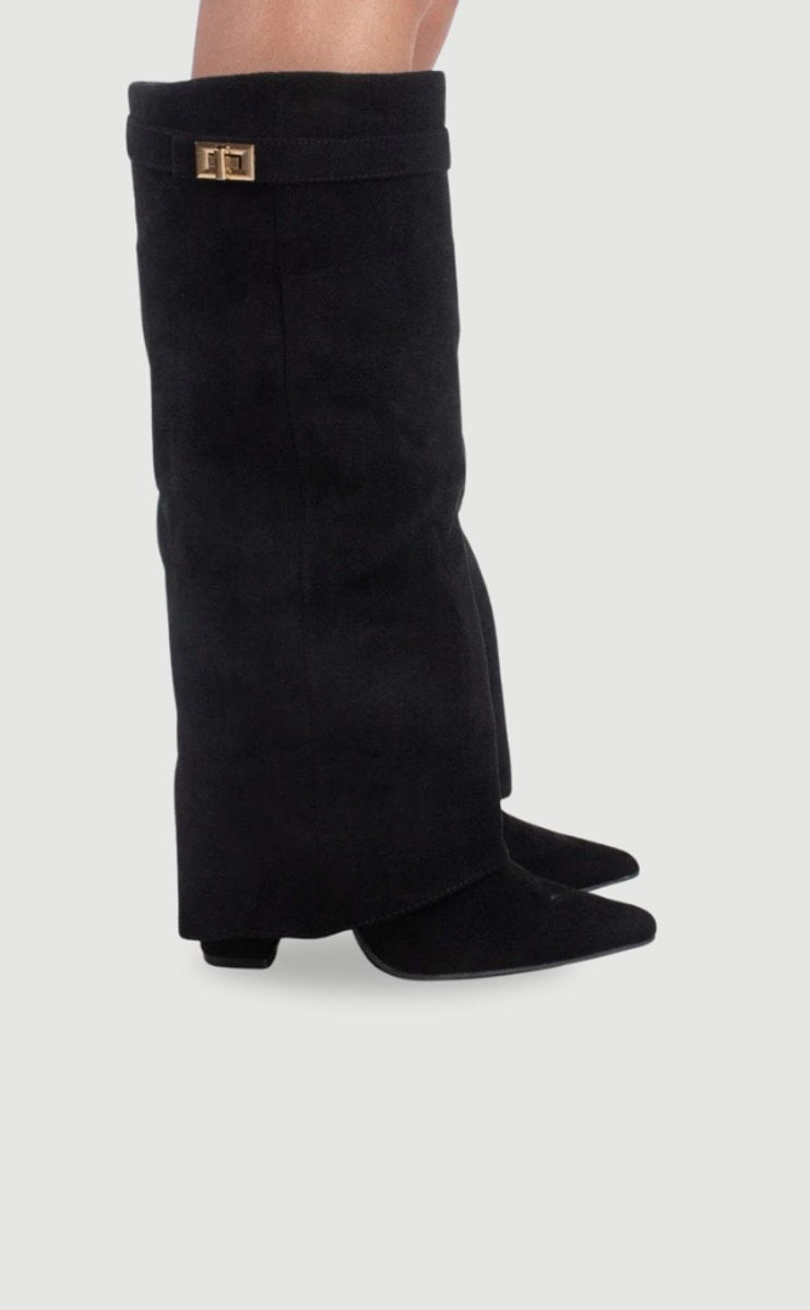 Women's Black Suede Fold-Over Knee-High Heeled Boots Gold Clasp