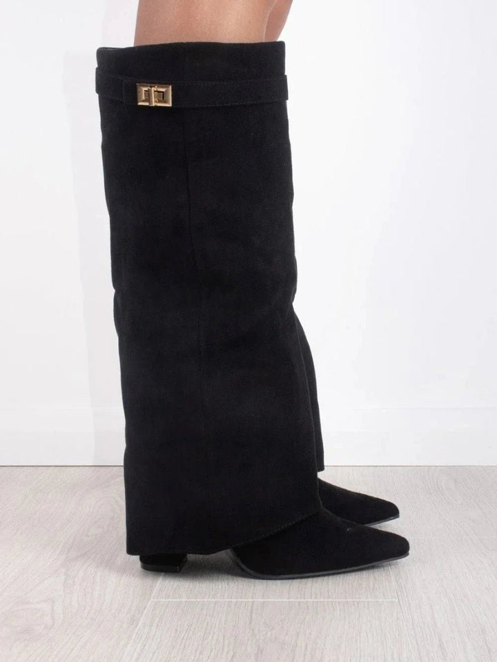 Women's Black Suede Fold-Over Knee-High Heeled Boots Gold Clasp