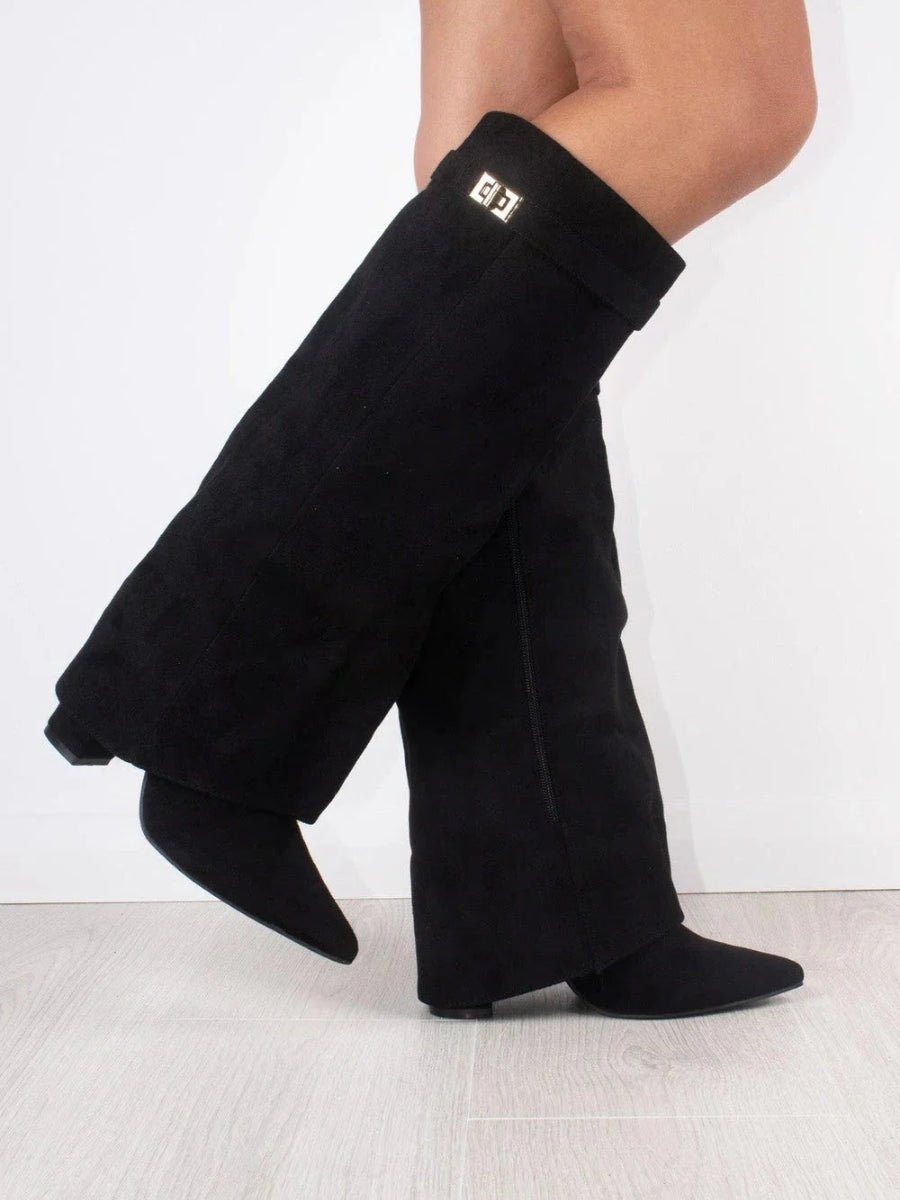 Women's Black Suede Fold-Over Knee-High Heeled Boots Gold Clasp