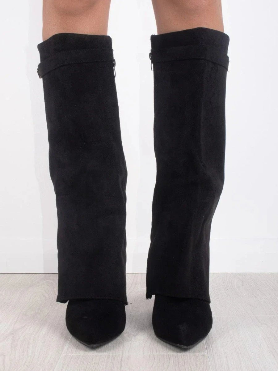 Women's Black Suede Fold-Over Knee-High Heeled Boots Gold Clasp