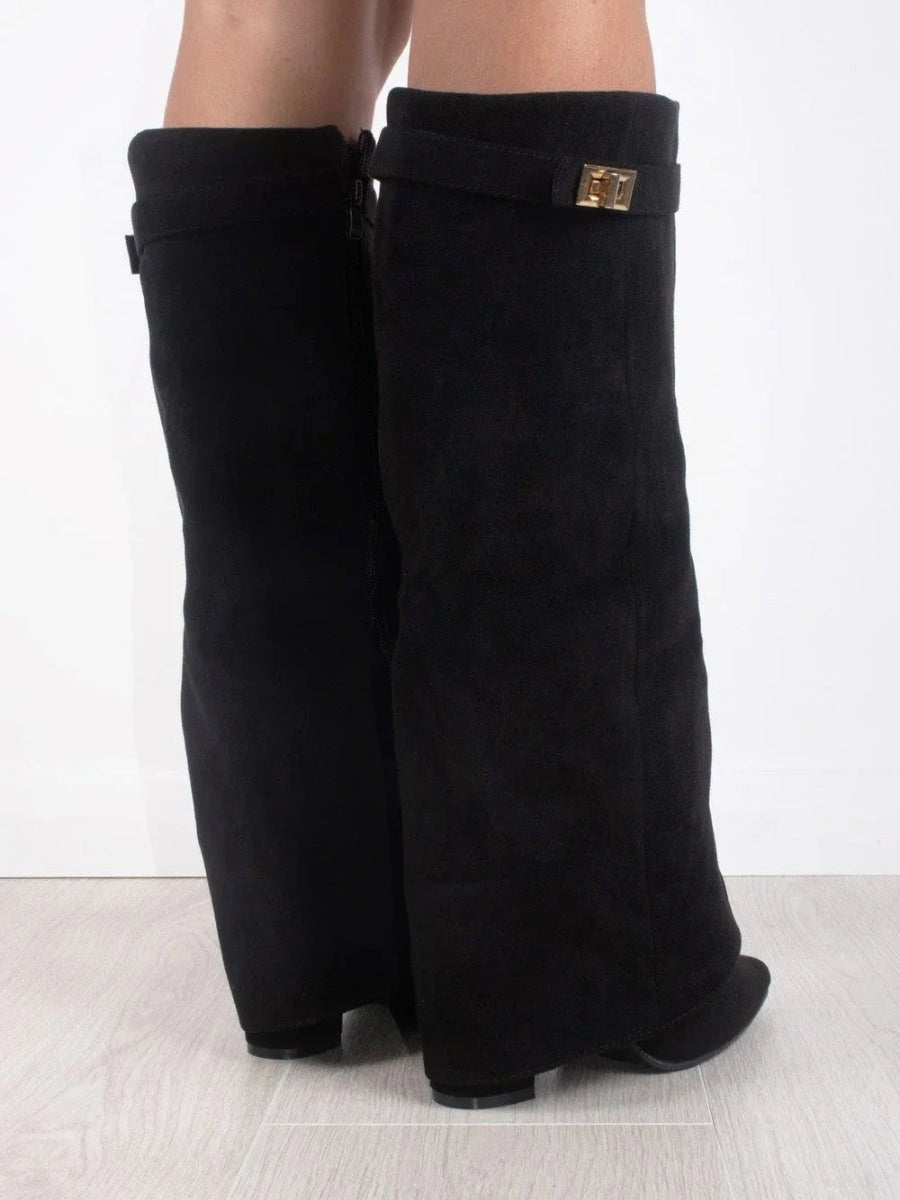 Women's Black Suede Fold-Over Knee-High Heeled Boots Gold Clasp