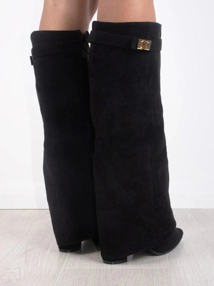 Women's Black Suede Fold-Over Knee-High Heeled Boots Gold Clasp