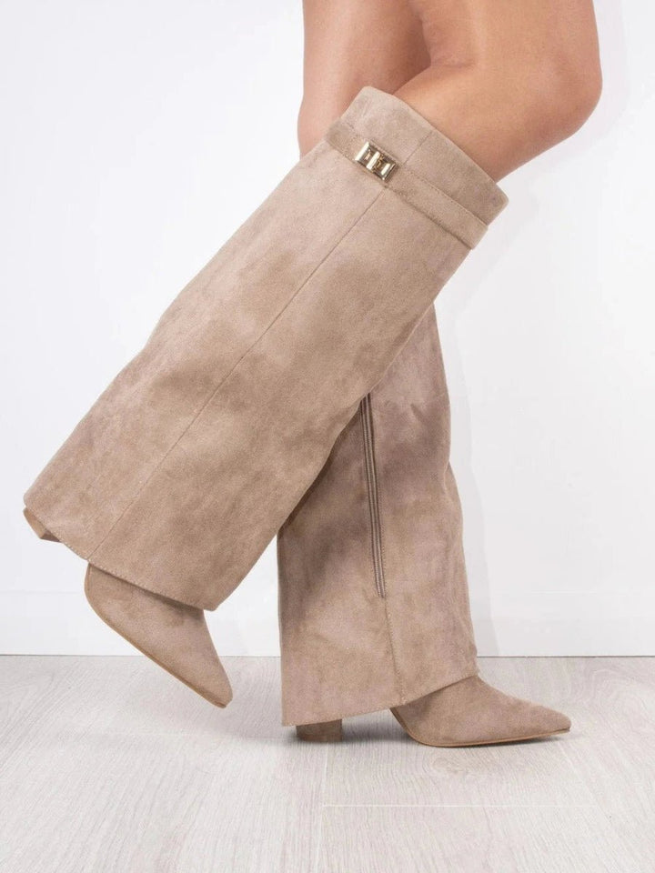 Women's Black Suede Fold-Over Knee-High Heeled Boots Gold Clasp