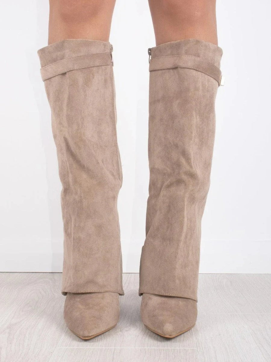 Women's Black Suede Fold-Over Knee-High Heeled Boots Gold Clasp