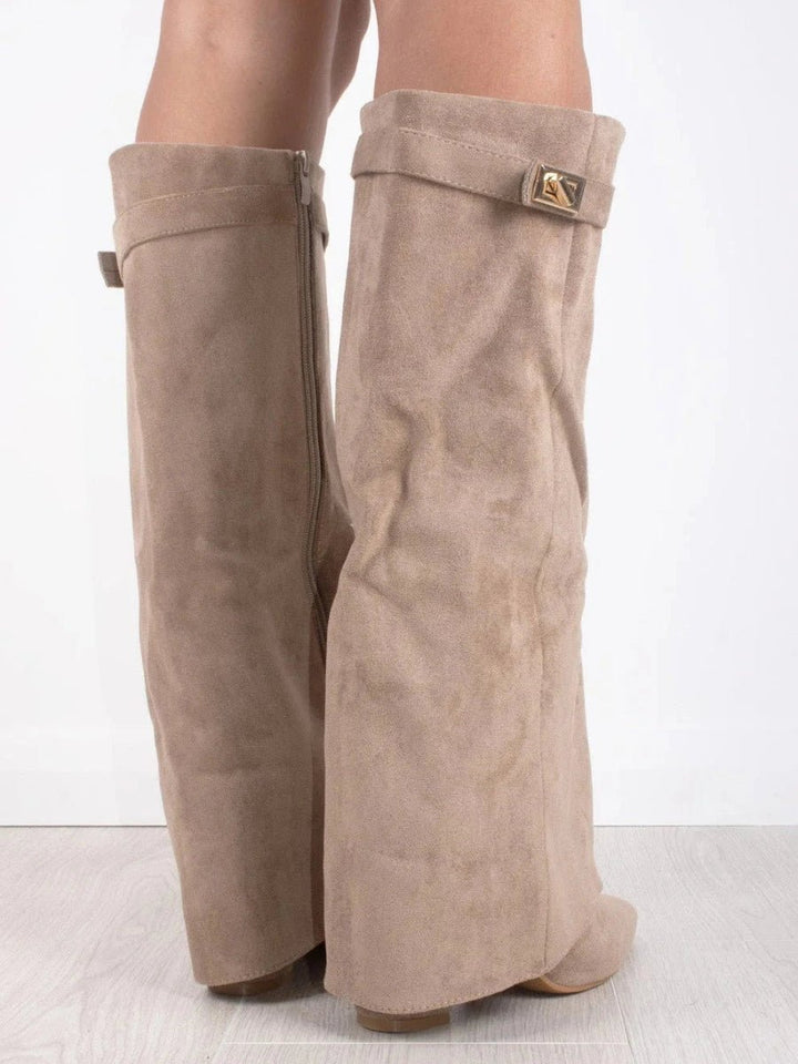 Women's Black Suede Fold-Over Knee-High Heeled Boots Gold Clasp