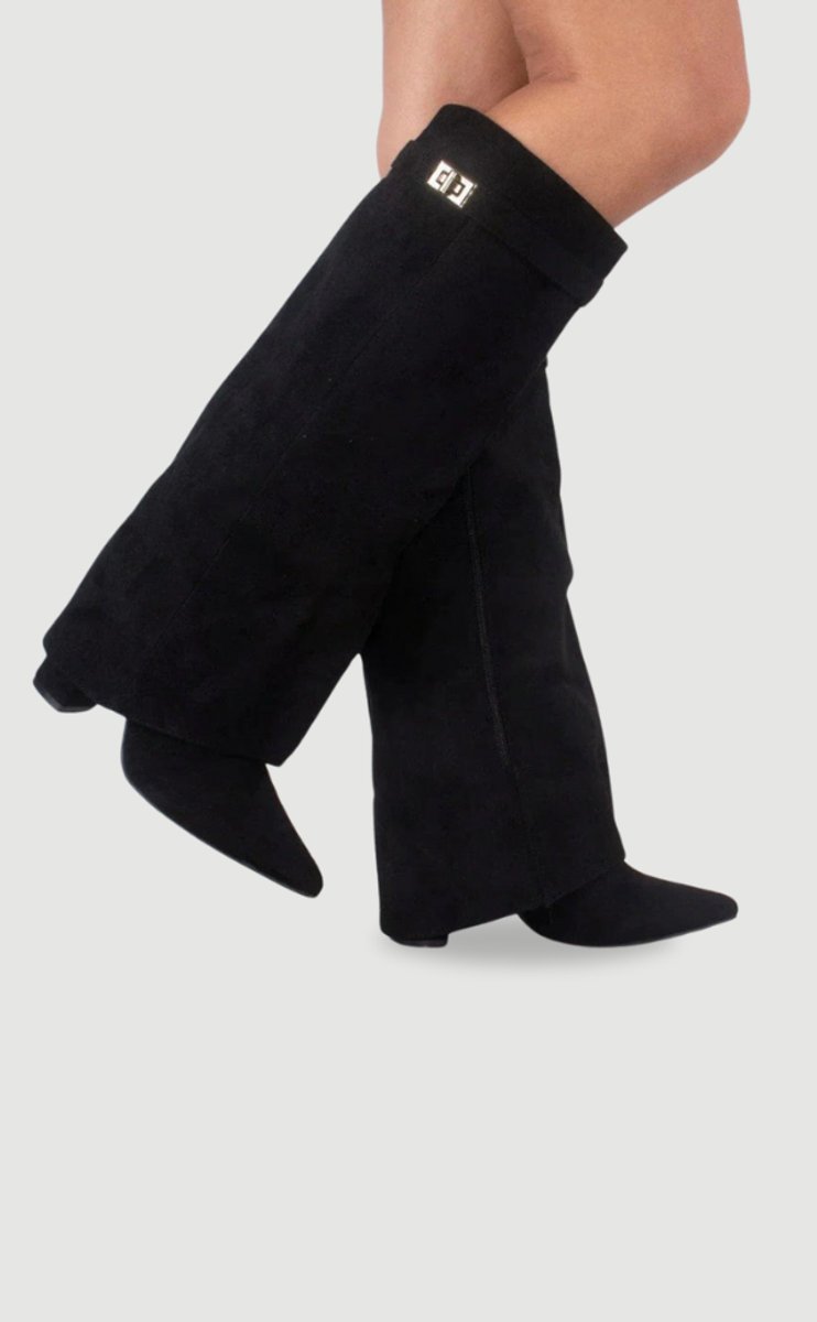 Women's Black Suede Fold-Over Knee-High Heeled Boots Golden Clasp