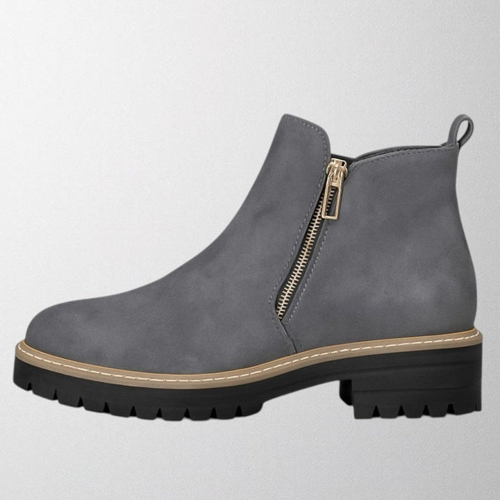 Women's Black Suede Side-Zip Chunky-Sole Ankle Boots - Grey