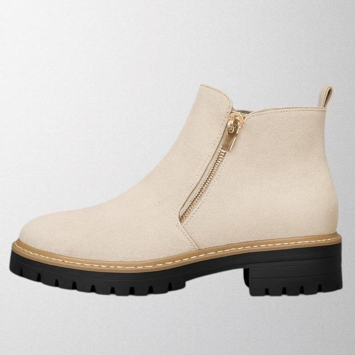 Women's Black Suede Side-Zip Chunky-Sole Ankle Boots - Ivory