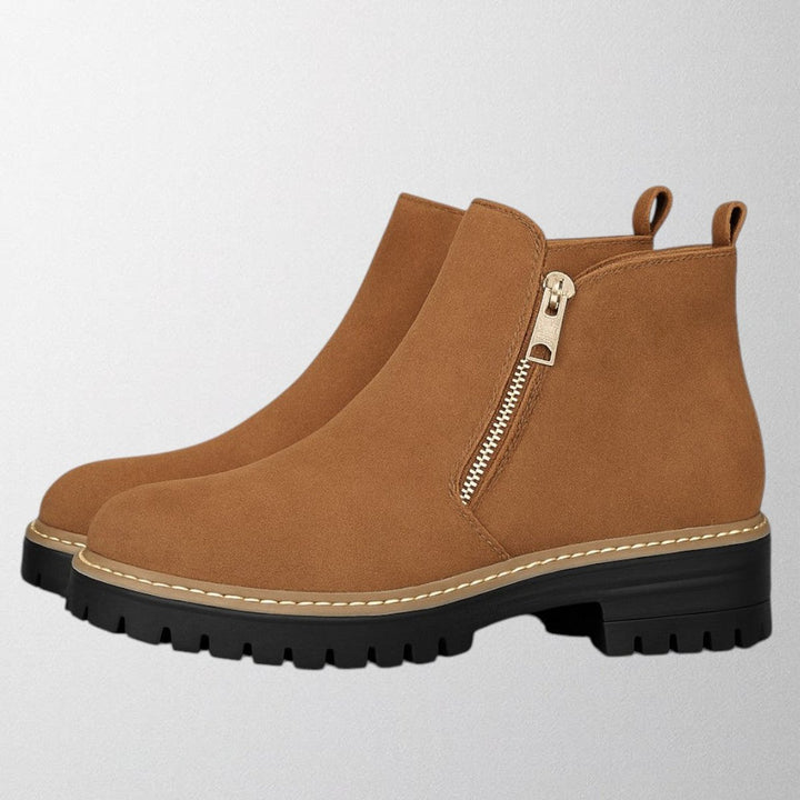 Women's Black Suede Side-Zip Chunky-Sole Ankle Boots - Brown