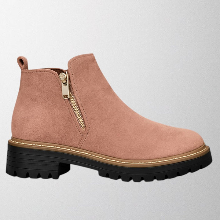 Women's Black Suede Side-Zip Chunky-Sole Ankle Boots - Pink