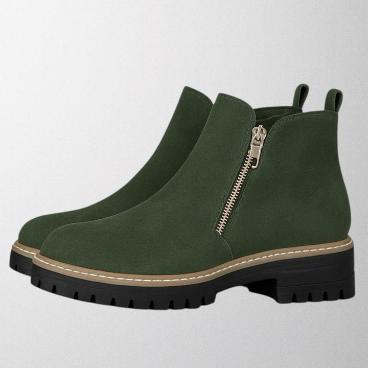 Women's Black Suede Side-Zip Chunky-Sole Ankle Boots - Dark Green