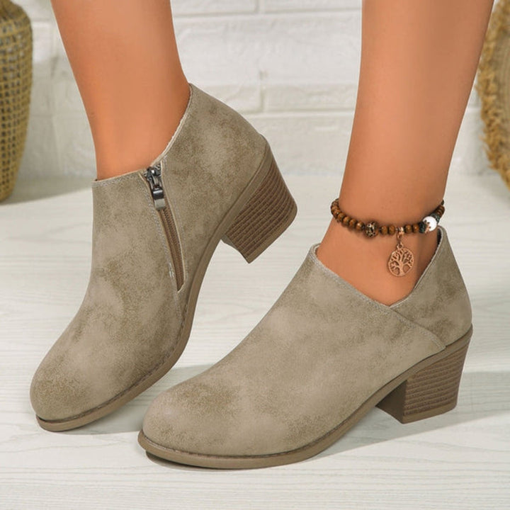 Women's Block-Heel Ankle Boots Round-Toe Side-Zip Heeled Boots