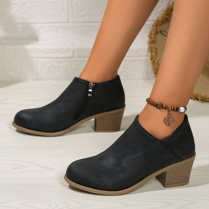 Women's Block-Heel Ankle Boots Round-Toe Side-Zip Heeled Boots