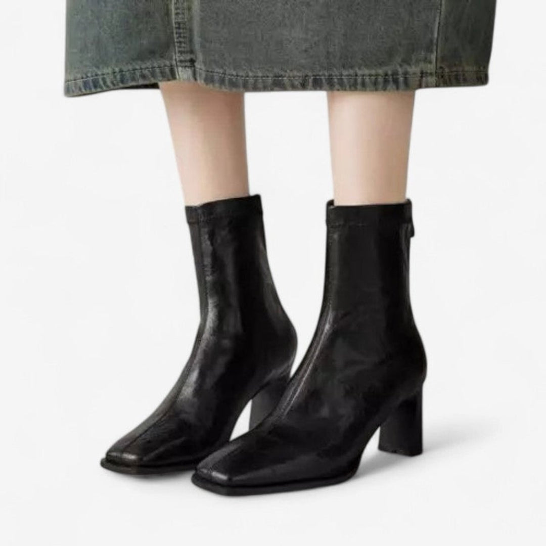 Women's Block-Heel Ankle Boots Square-Toe Back-Zip Heeled Boots