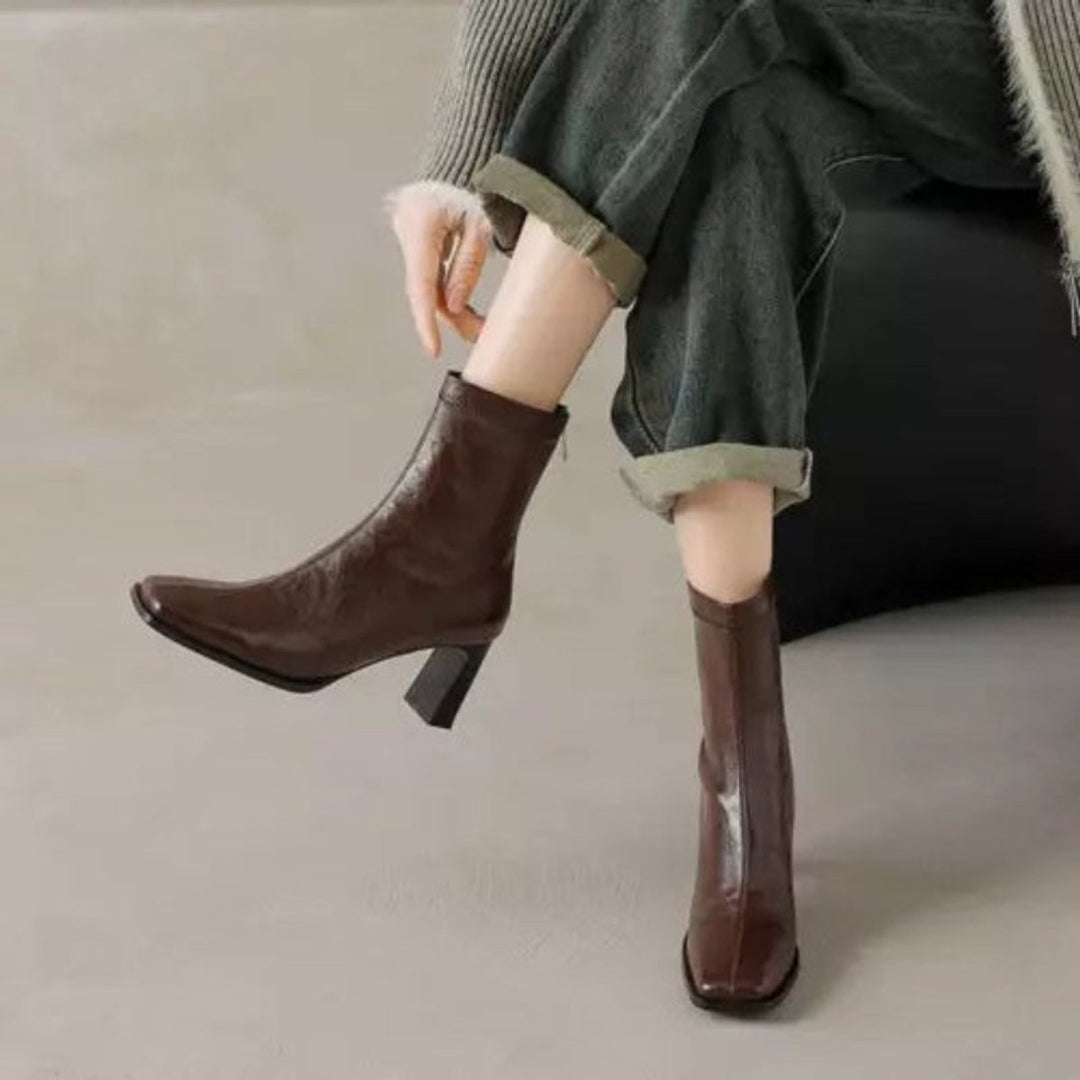 Women's Block-Heel Ankle Boots Square-Toe Back-Zip Heeled Boots