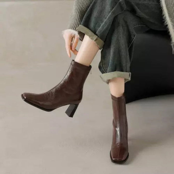 Women's Block-Heel Ankle Boots Square-Toe Back-Zip Heeled Boots
