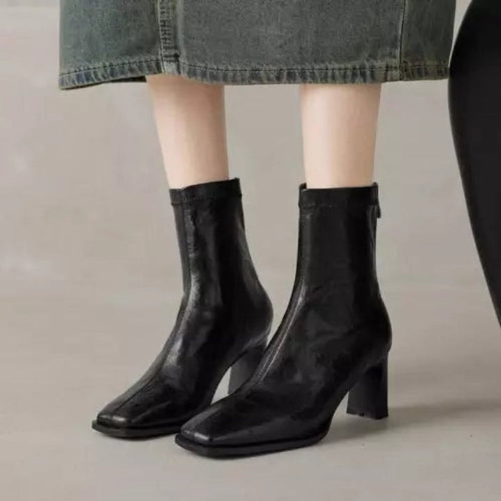 Women's Block-Heel Ankle Boots Square-Toe Back-Zip Heeled Boots