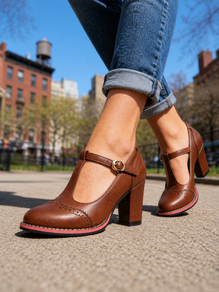 Women's Block-Heel Brogue T-Bar Heeled Ankle Boots