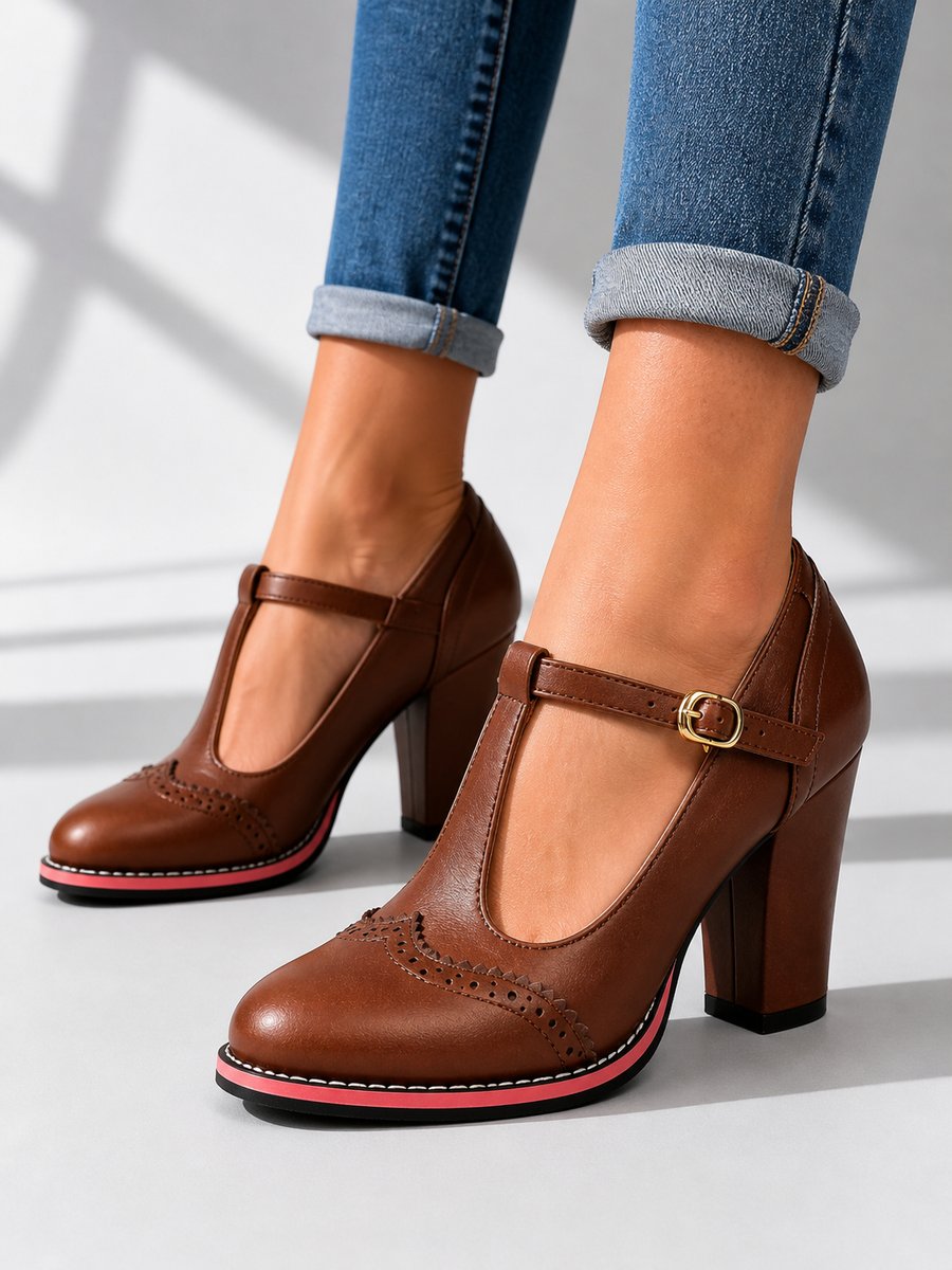 Women's Block-Heel Brogue T-Bar Heeled Ankle Boots Leather Look
