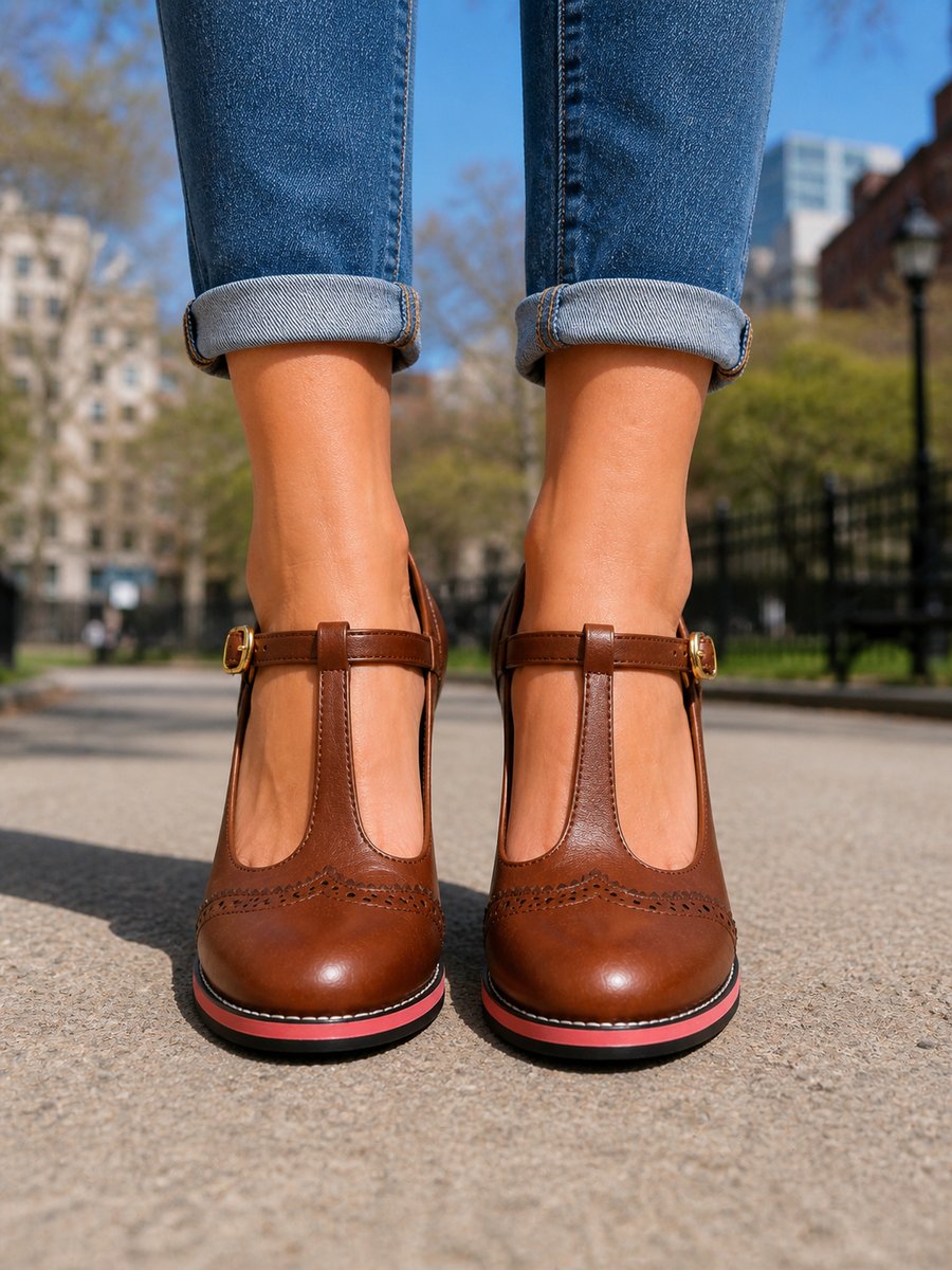 Women's Block-Heel Brogue T-Bar Heeled Ankle Boots Leather Look