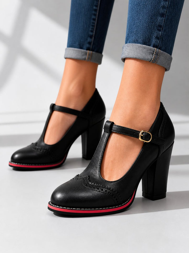 Women's Block-Heel Brogue T-Bar Heeled Ankle Boots Leather Look