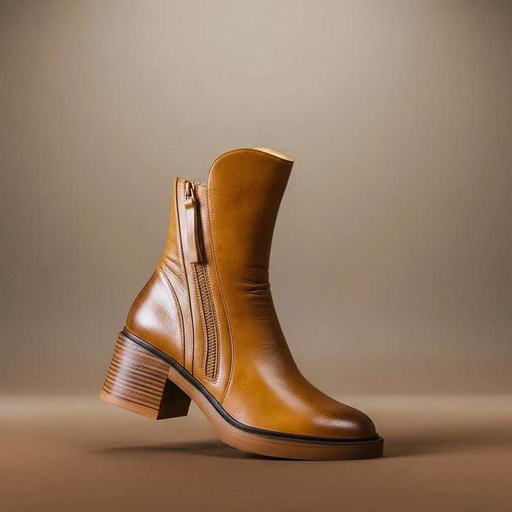 Women's Block-Heel Leather Ankle Boots Side-Zip - Cognac Brown