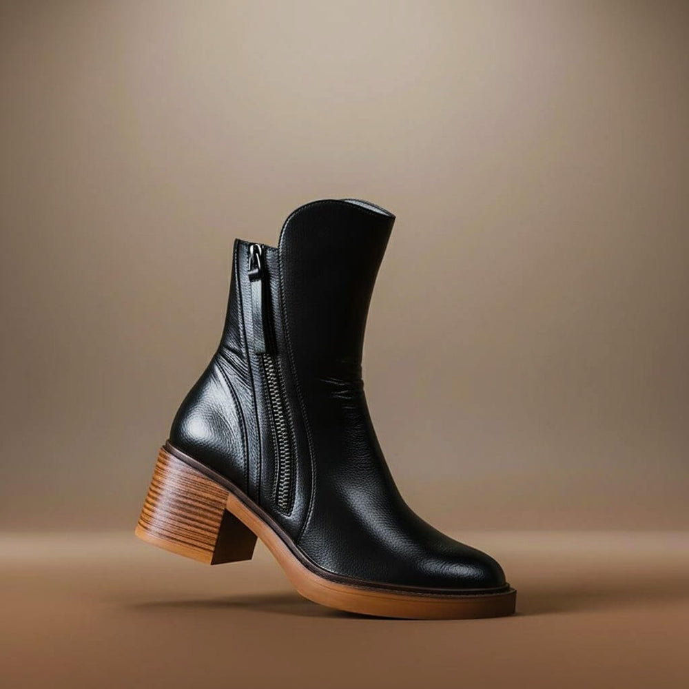 Women's Block-Heel Leather Ankle Boots Side-Zip - Midnight Black