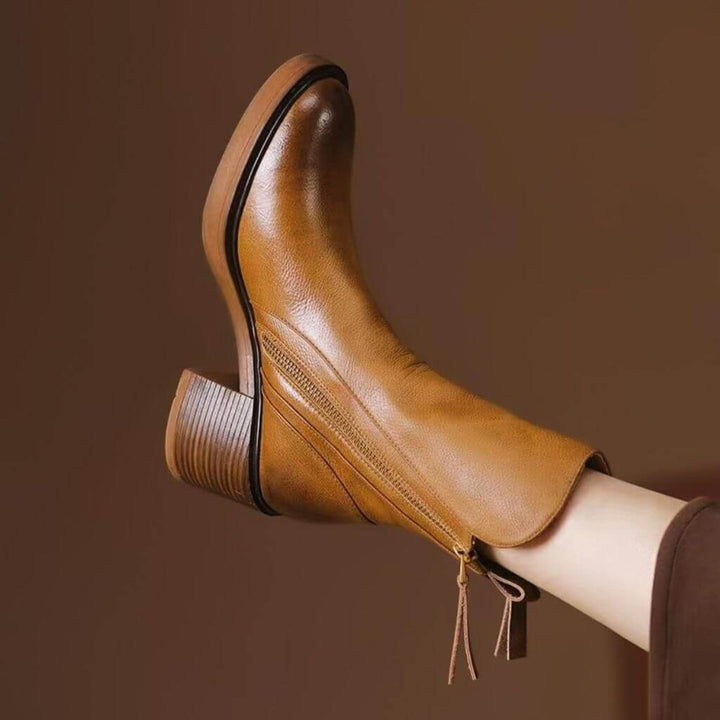 Women's Block-Heel Leather Ankle Boots Side-Zip