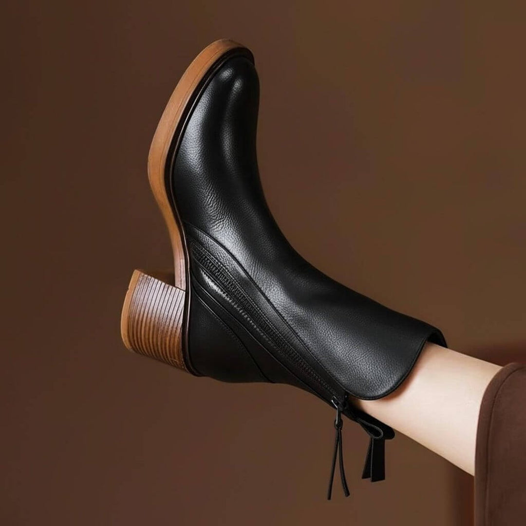 Women's Block-Heel Leather Ankle Boots Side-Zip