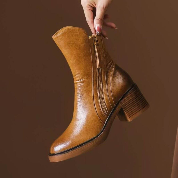 Women's Block-Heel Leather Ankle Boots Side-Zip