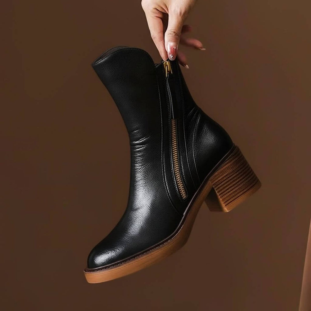 Women's Block-Heel Leather Ankle Boots Side-Zip