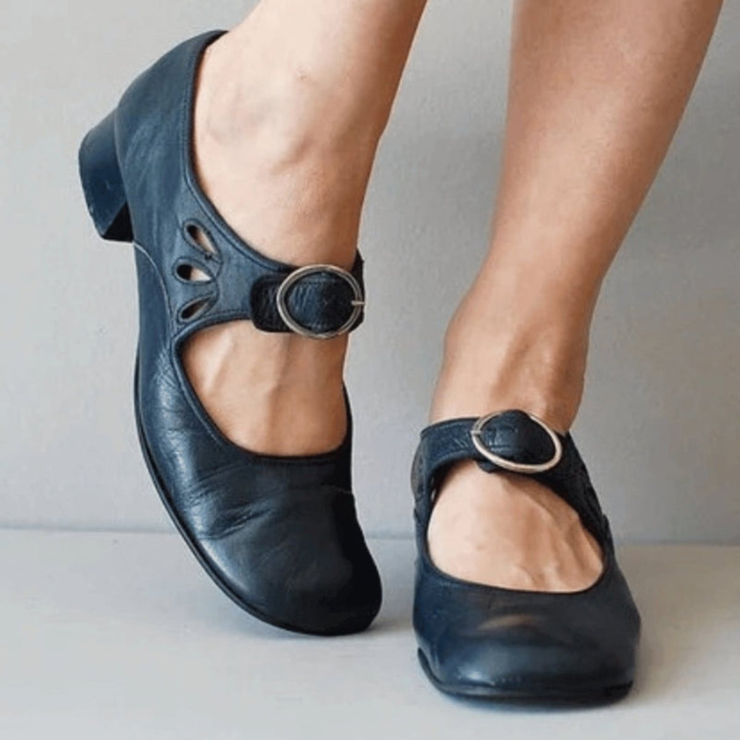 Women's Block-Heel Leather Mary Jane Buckle-Strap Heeled Shoes