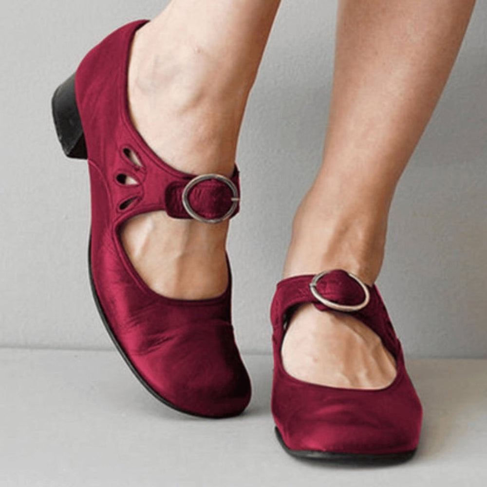 Women's Block-Heel Leather Mary Jane Buckle-Strap Heeled Shoes